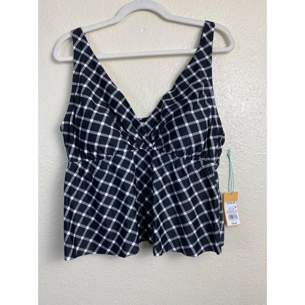 NEW Kona Sol Cropped Tankini Top Plus size 1X (16-18) Plaid Black White Beach